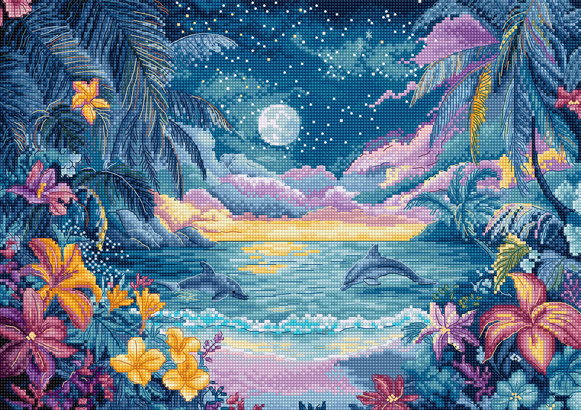 Pixel art-style depiction of a tropical landscape with dolphins, flowers, and a moonlit sky.