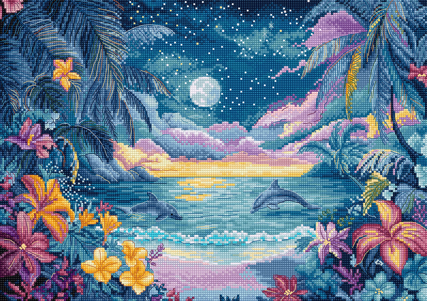 Pixel art-style depiction of a tropical landscape with dolphins, flowers, and a moonlit sky.