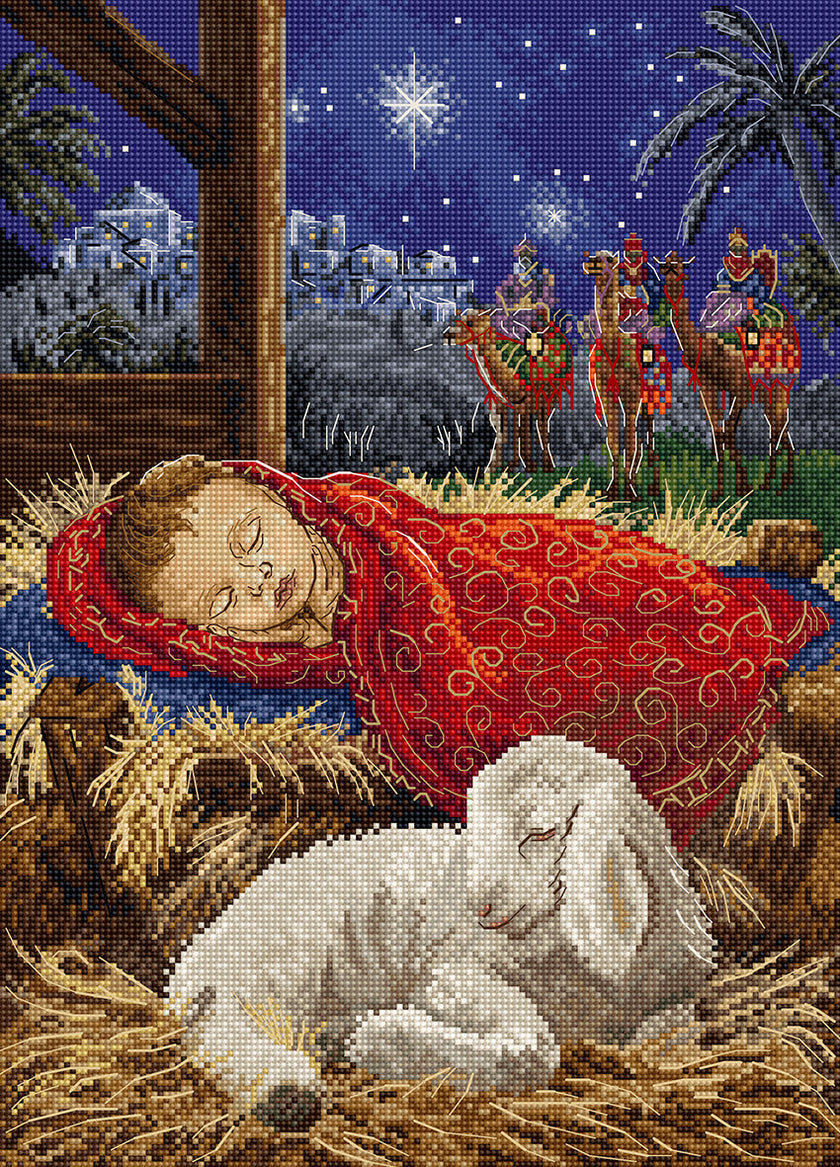 Cross-stitched nativity scene with baby Jesus, sheep, and three wise men on camels.
