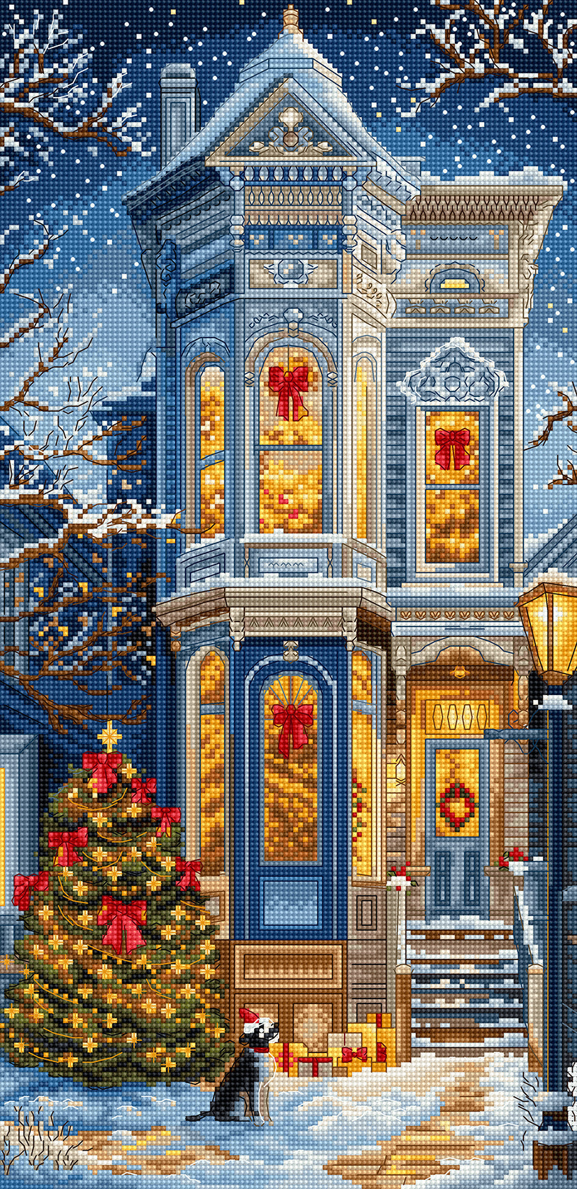 Cross Stitch Christmas house With dog Sitting outside Next to the decorated Christmas tree 