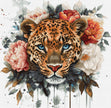 Leopard surrounded by flowers on a white background