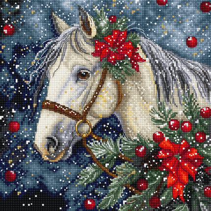 Decorative diamond painting of a horse with Christmas decorations on a snowy background