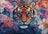 Cross-stitched or embroidered design of a tiger surrounded by flowers on a fabric background.