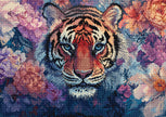Cross-stitched or embroidered design of a tiger surrounded by flowers on a fabric background.