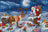 Cross-stitched scene of Santa Claus with reindeer and gifts in a snowy landscape