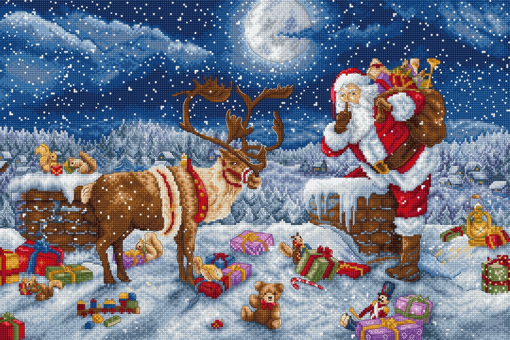 Cross-stitched scene of Santa Claus with reindeer and gifts in a snowy landscape
