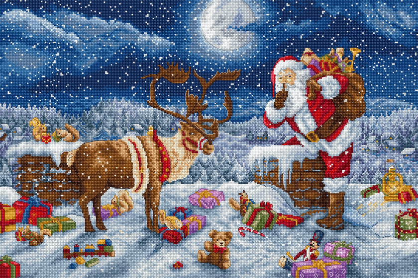 Cross-stitched scene of Santa Claus with reindeer and gifts in a snowy landscape