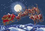 Santa Claus in a sleigh pulled by reindeer against a night sky with a full moon.