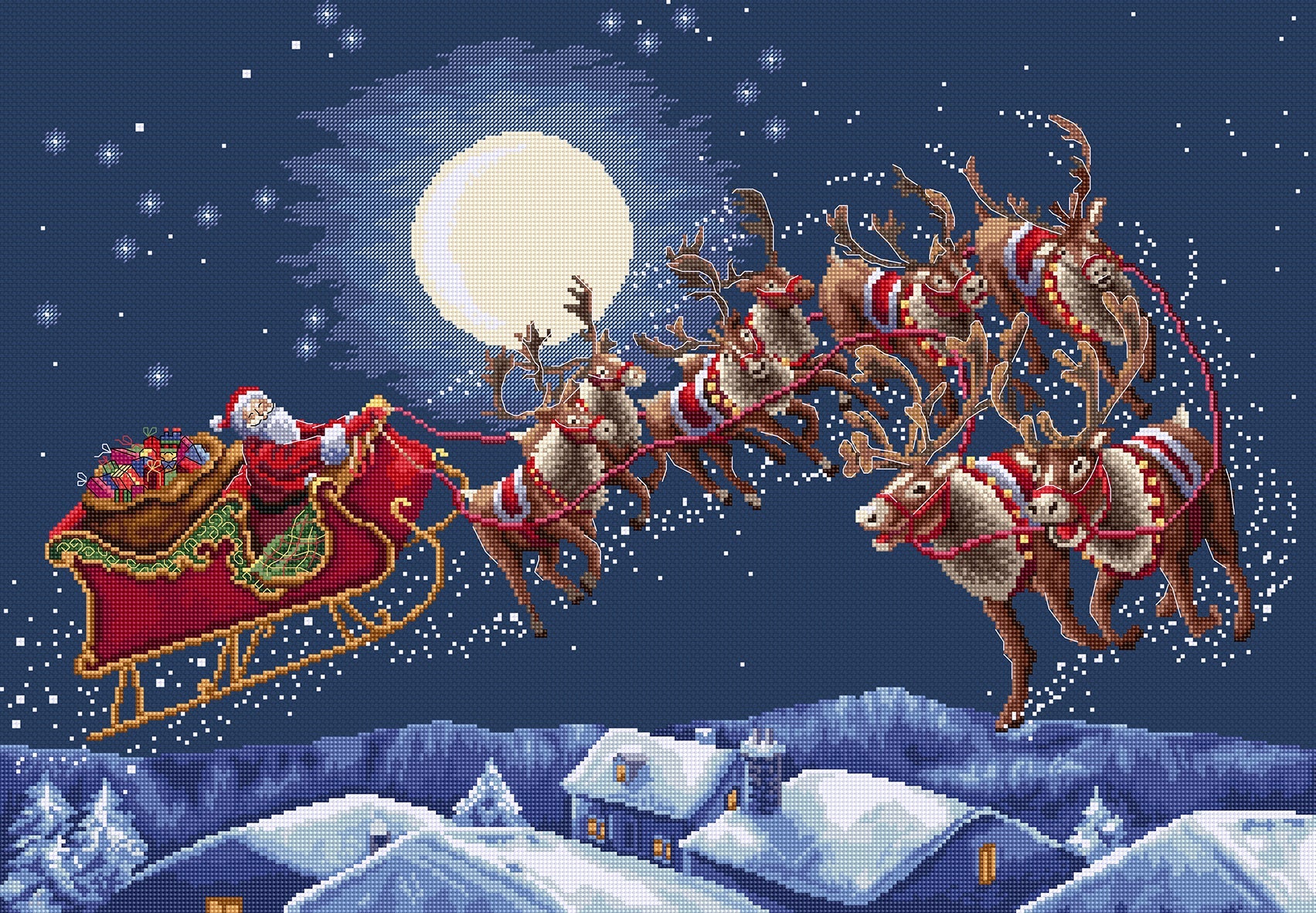 Santa Claus in a sleigh pulled by reindeer against a night sky with a full moon.