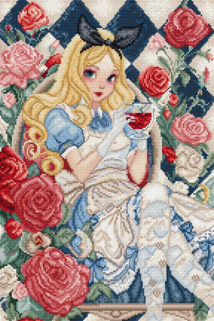 Cross-stitched design of a character with floral background