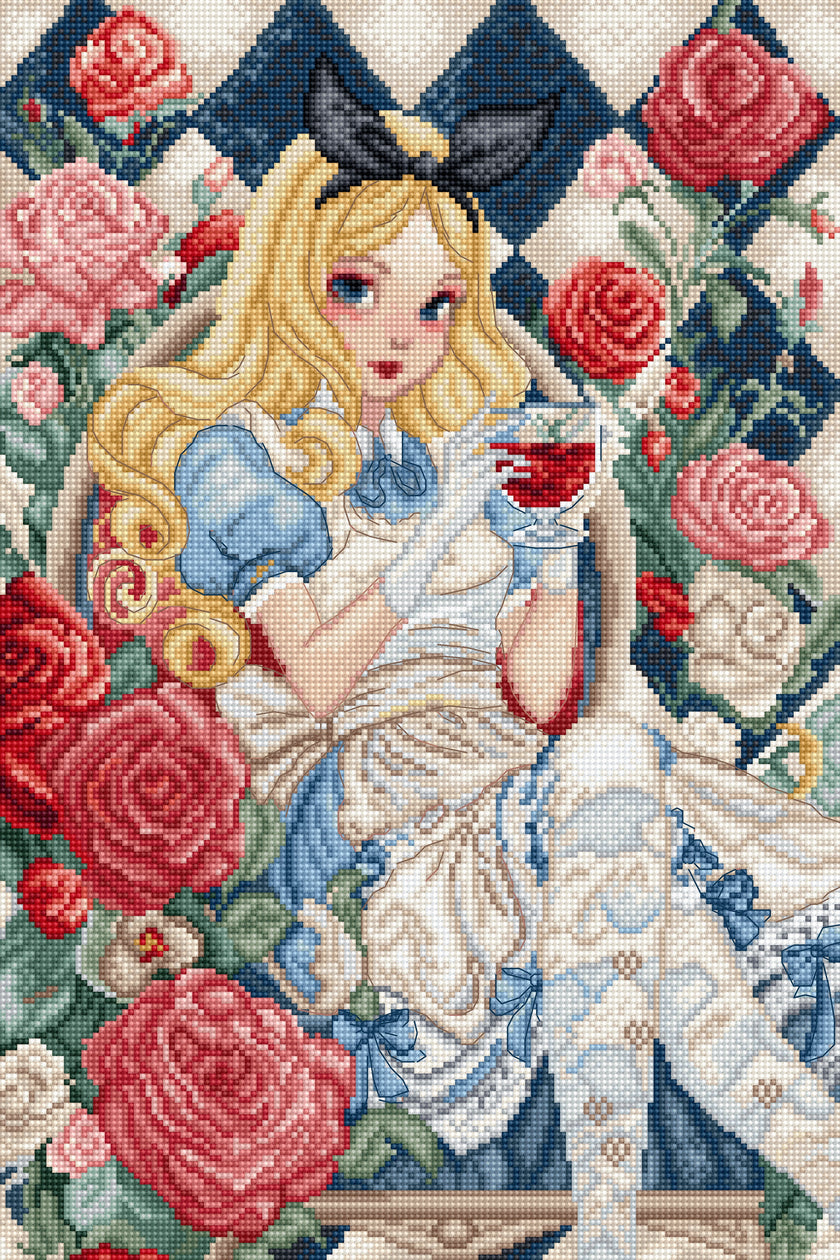 Cross-stitched design of a character with floral background