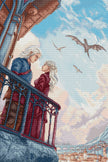 Two people on a balcony with a dragon flying above, set against a blue sky.