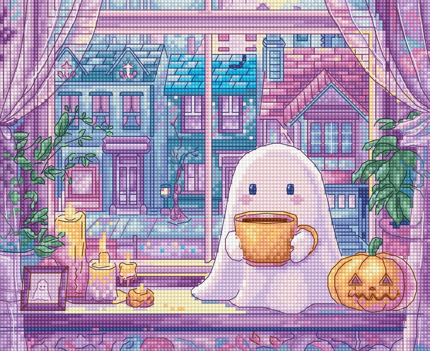 Cartoon ghost holding a cup in a colorful, pixelated room with Halloween decorations.