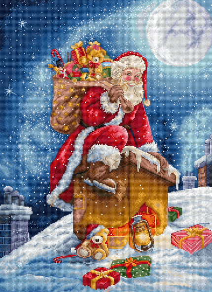 Santa Claus with gifts on a snowy night