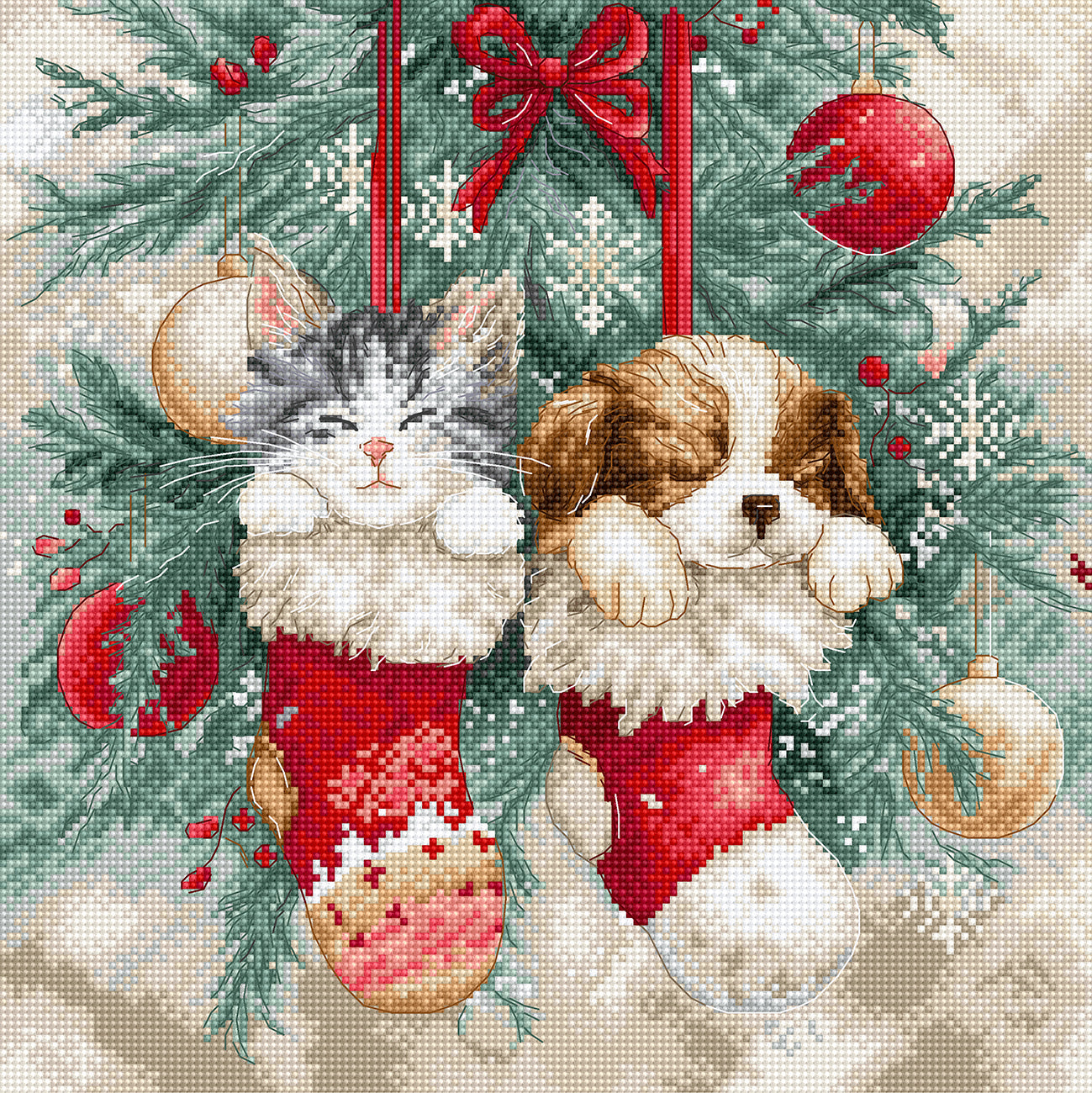 Cross-stitched design of a cat and dog in red stockings with Christmas decorations.