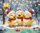 Three cartoon ducks in Christmas hats and scarves on a snowy background with lights.