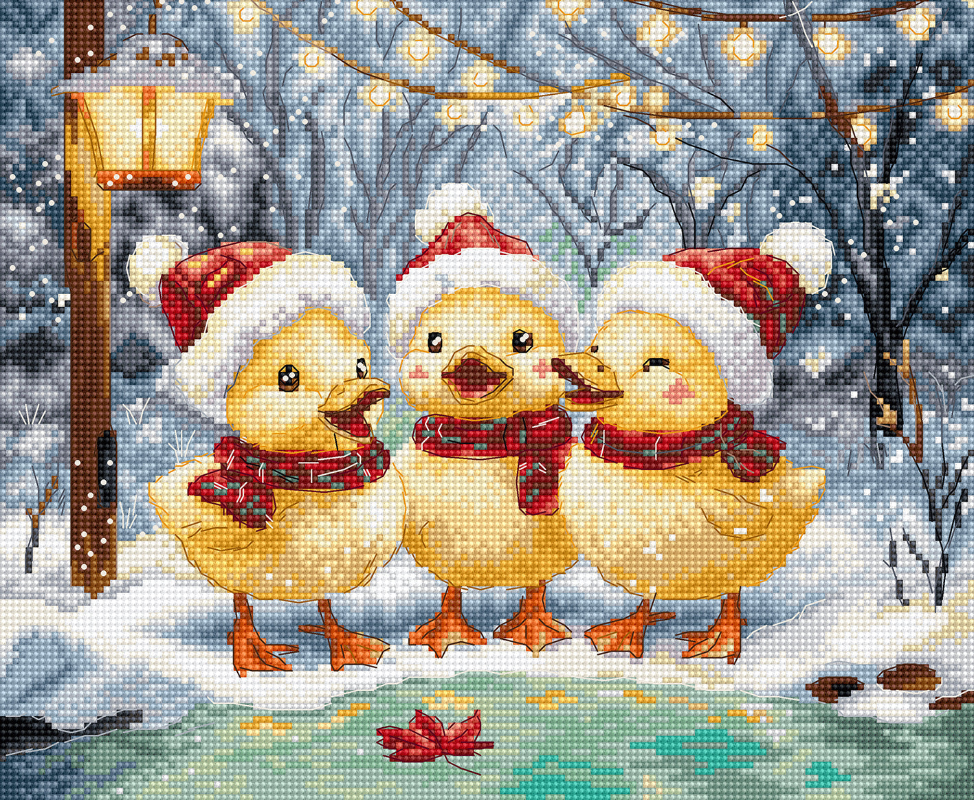 Three cartoon ducks in Christmas hats and scarves on a snowy background with lights.