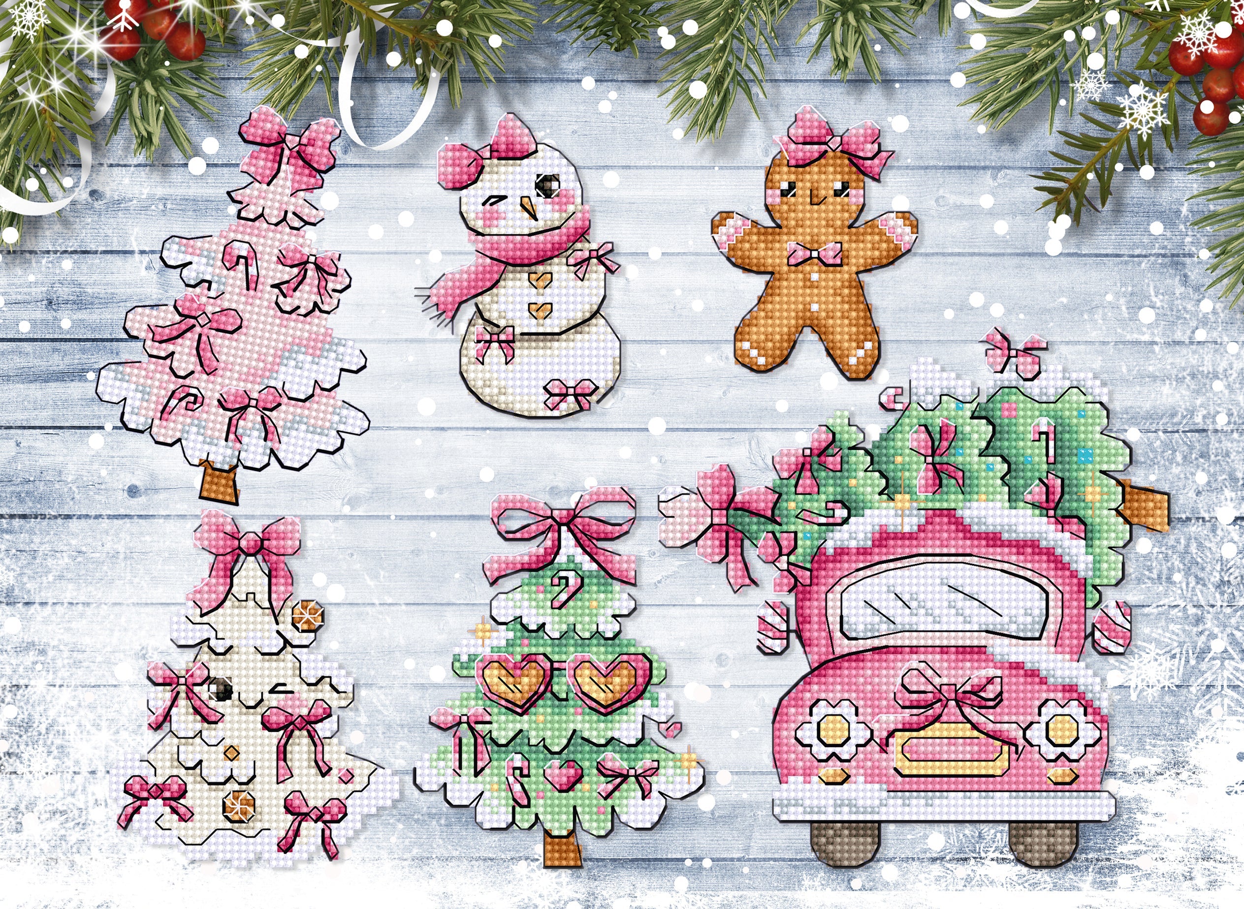 Decorative Christmas scene with trees, snowman, gingerbread man, and pink truck on a wooden background.