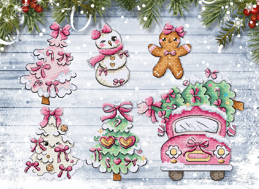 Decorative Christmas scene with trees, snowman, gingerbread man, and pink truck on a wooden background.