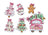 Set of Christmas-themed cross-stitch patterns including trees, a snowman, a gingerbread man, and a pink truck with a wreath.