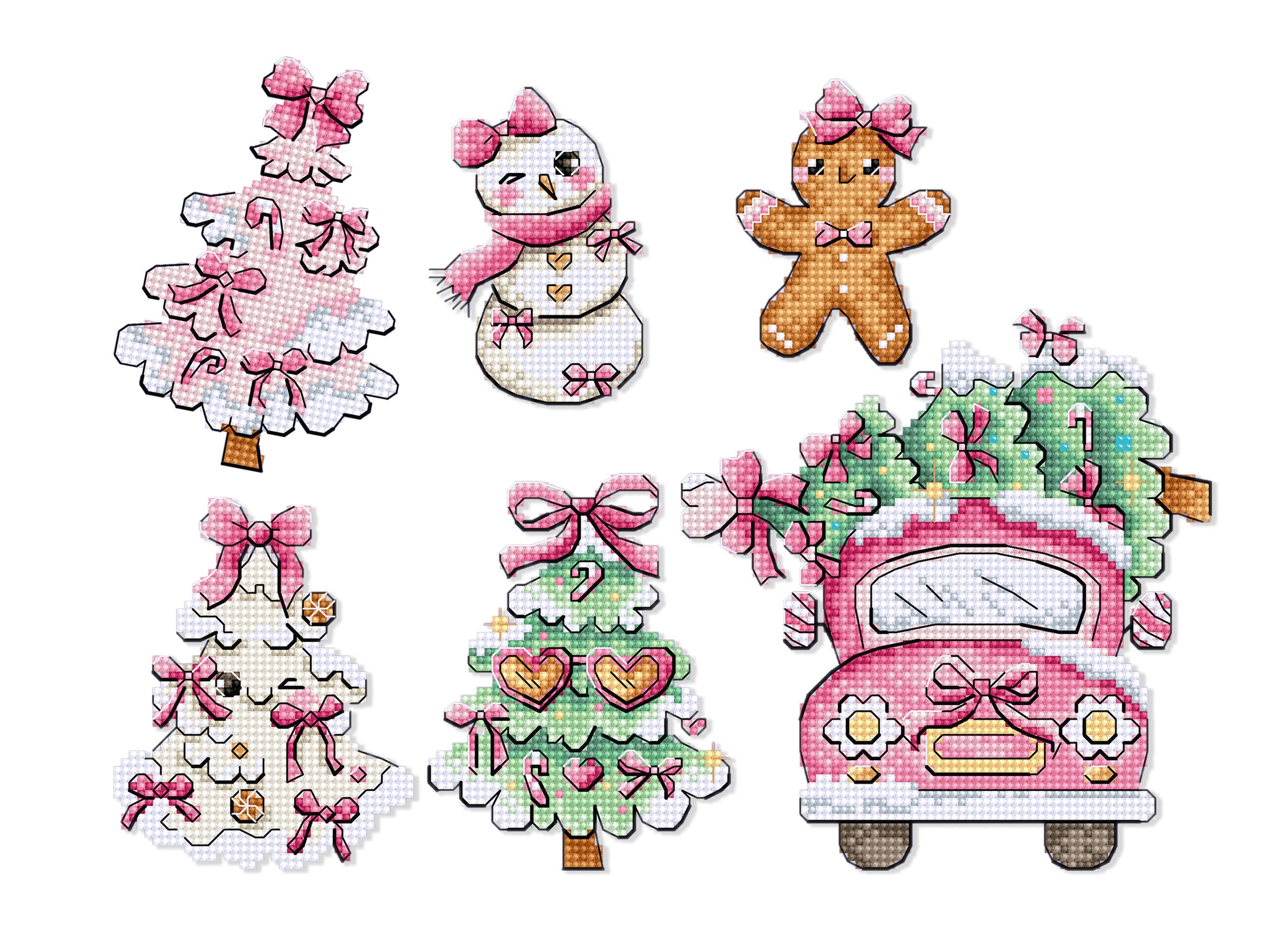 Set of Christmas-themed cross-stitch patterns including trees, a snowman, a gingerbread man, and a pink truck with a wreath.