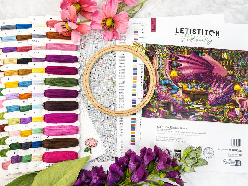 Embroidery kit with threads, hoop, and pattern on a white background