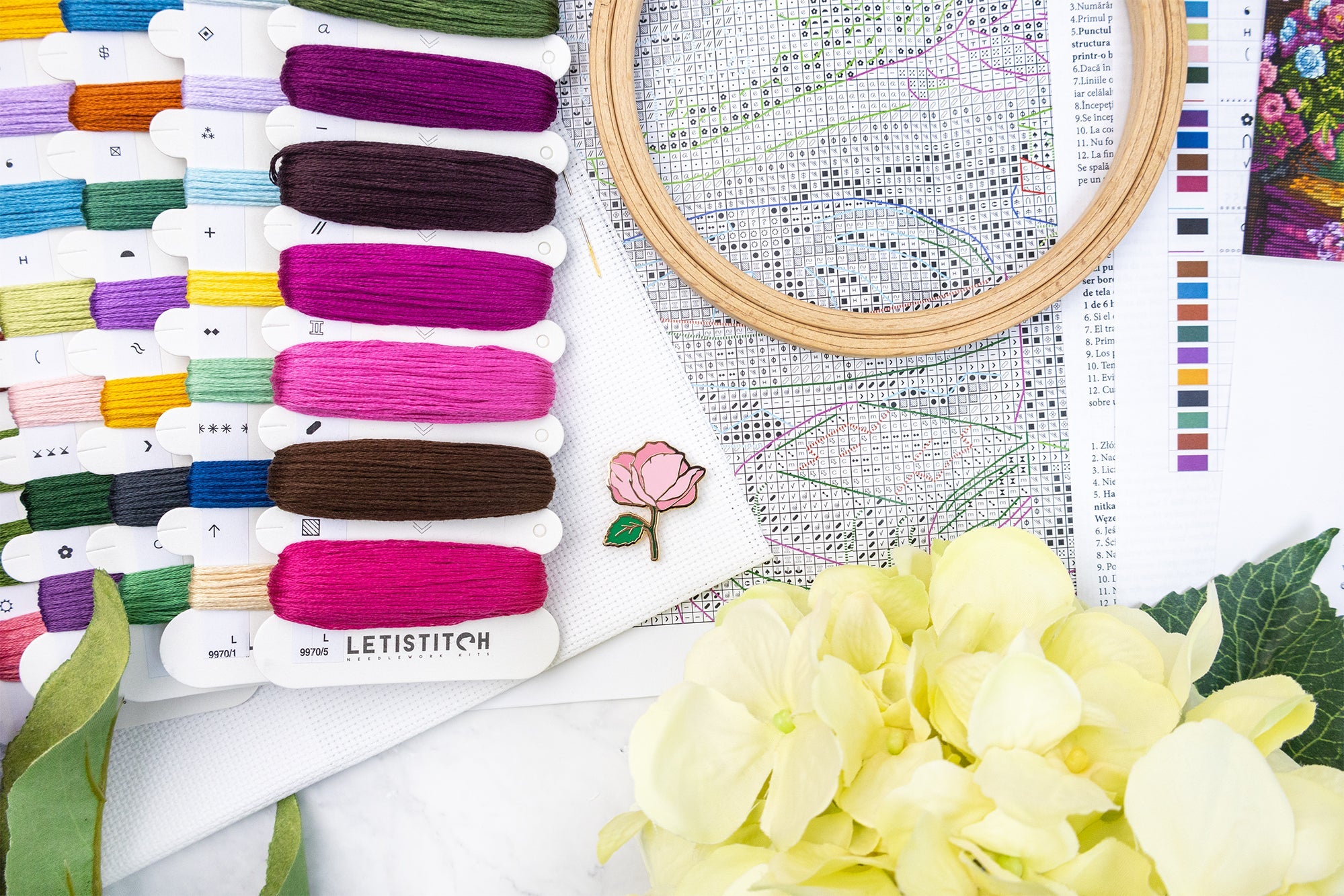 Embroidery kit with threads, hoop, and floral design on a table.