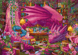 Colorful cross-stitch pattern of a dragon in a fantasy room with books and furniture.