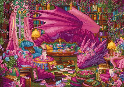 Colorful cross-stitch pattern of a dragon in a fantasy room with books and furniture.