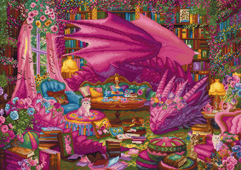 Colorful cross-stitch pattern of a dragon in a fantasy room with books and furniture.