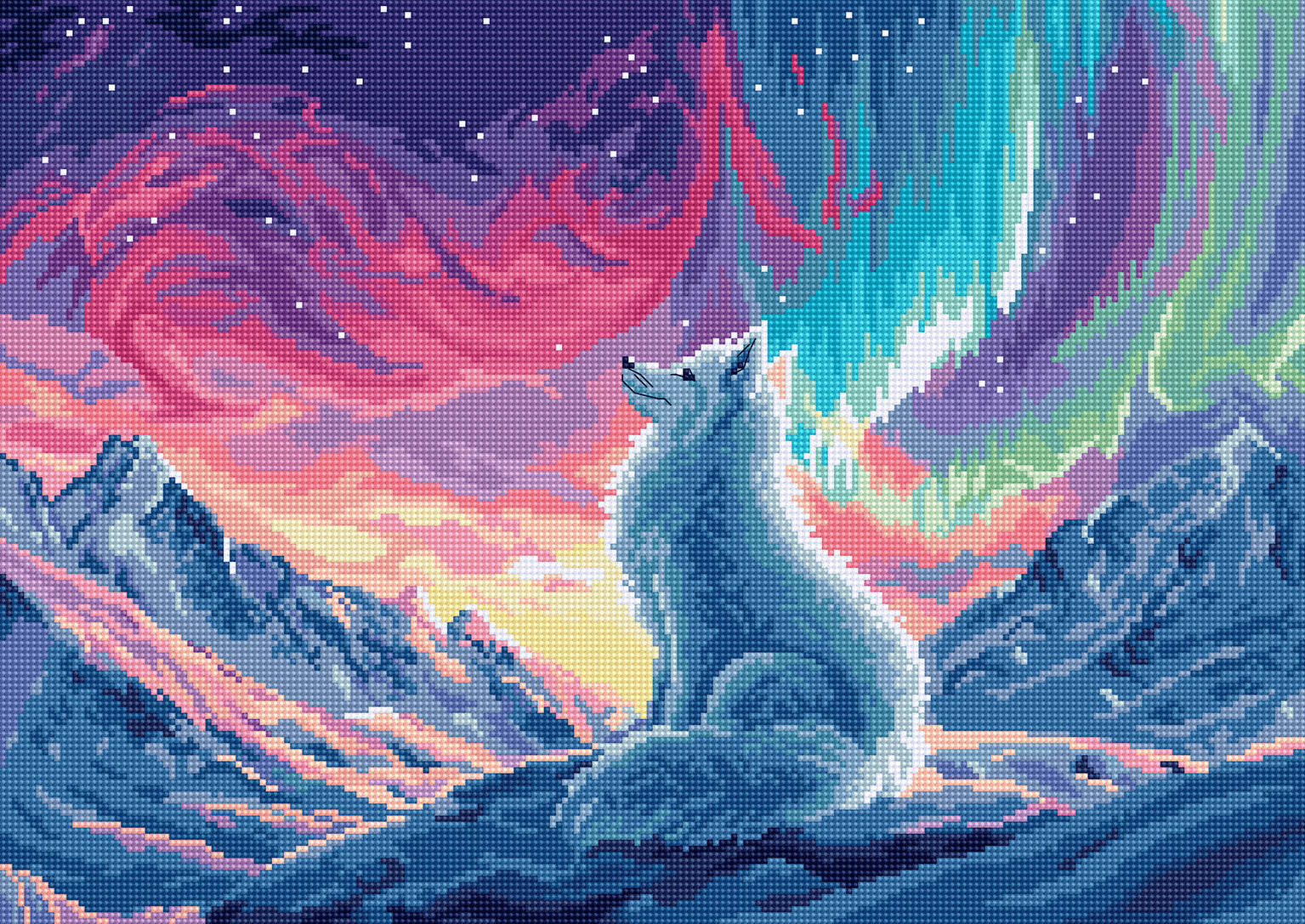 Wolf under a colorful aurora borealis sky with mountains in the background