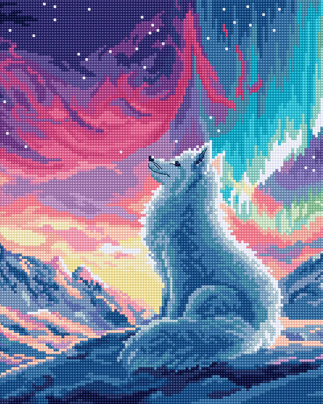 Wolf under a colorful aurora borealis sky with mountains in the background