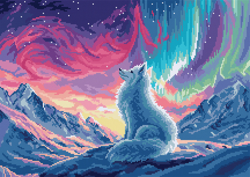 Wolf under a colorful aurora borealis sky with mountains in the background