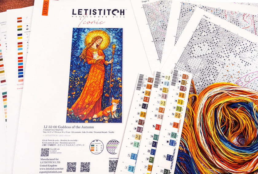 Letistitch fabric with color chart and yarn swatch