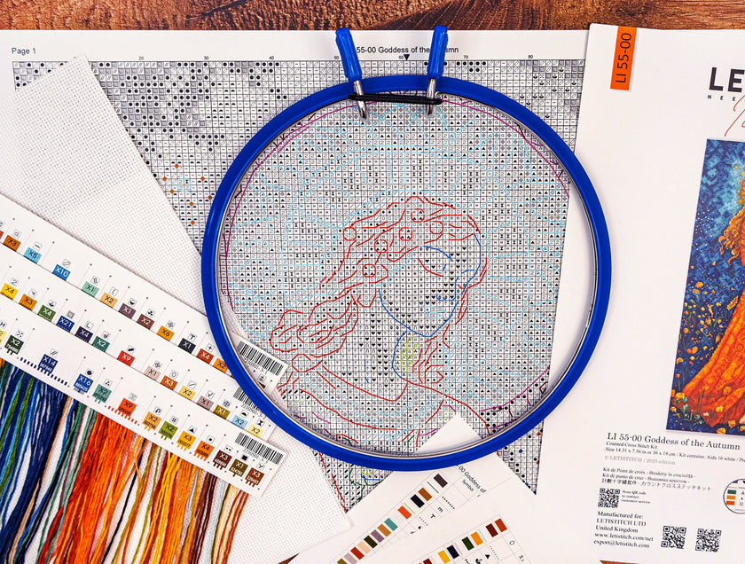 Cross-stitching project with an embroidery hoop and color chart on a wooden surface