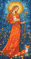 Cross-stitched artwork of a woman in an orange robe holding a fox, with a blue background and floral elements.