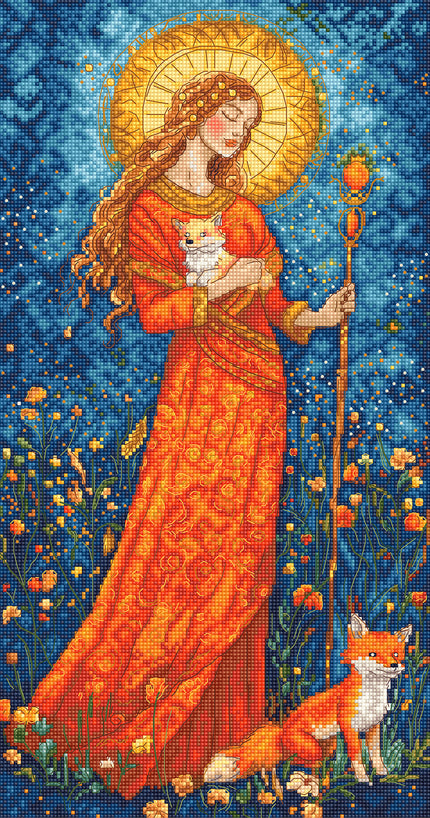 Cross-stitched artwork of a woman in an orange robe holding a fox, with a blue background and floral elements.