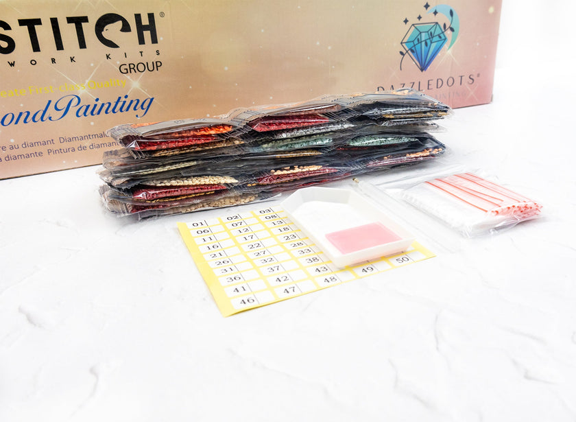 Diamond painting kit with tools and materials on a white surface, featuring the Stitch brand.