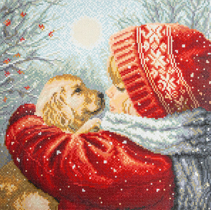 Diamond painting of a woman in a red coat and hat with a dog in a snowy scene