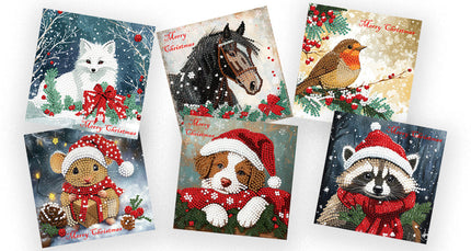 Set of Christmas-themed greeting cards featuring animals in winter attire.