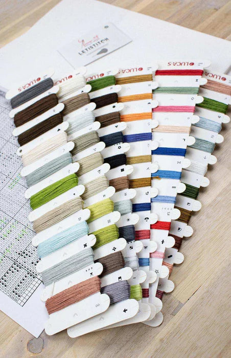 Collection of embroidery threads on spools with a color swatch in the background.