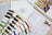 Color swatch book with embroidery thread samples on a table with a pattern book.