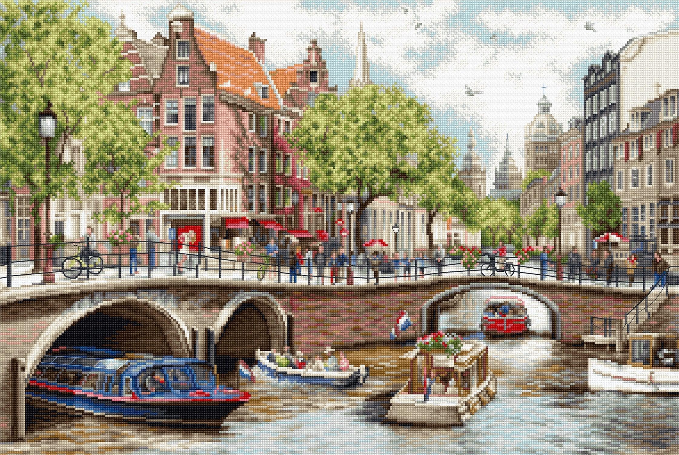 Dutch canal scene with boats, bridges, and traditional buildings.