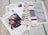 Cross stitch kit with fabric, thread, and pattern on a wooden surface