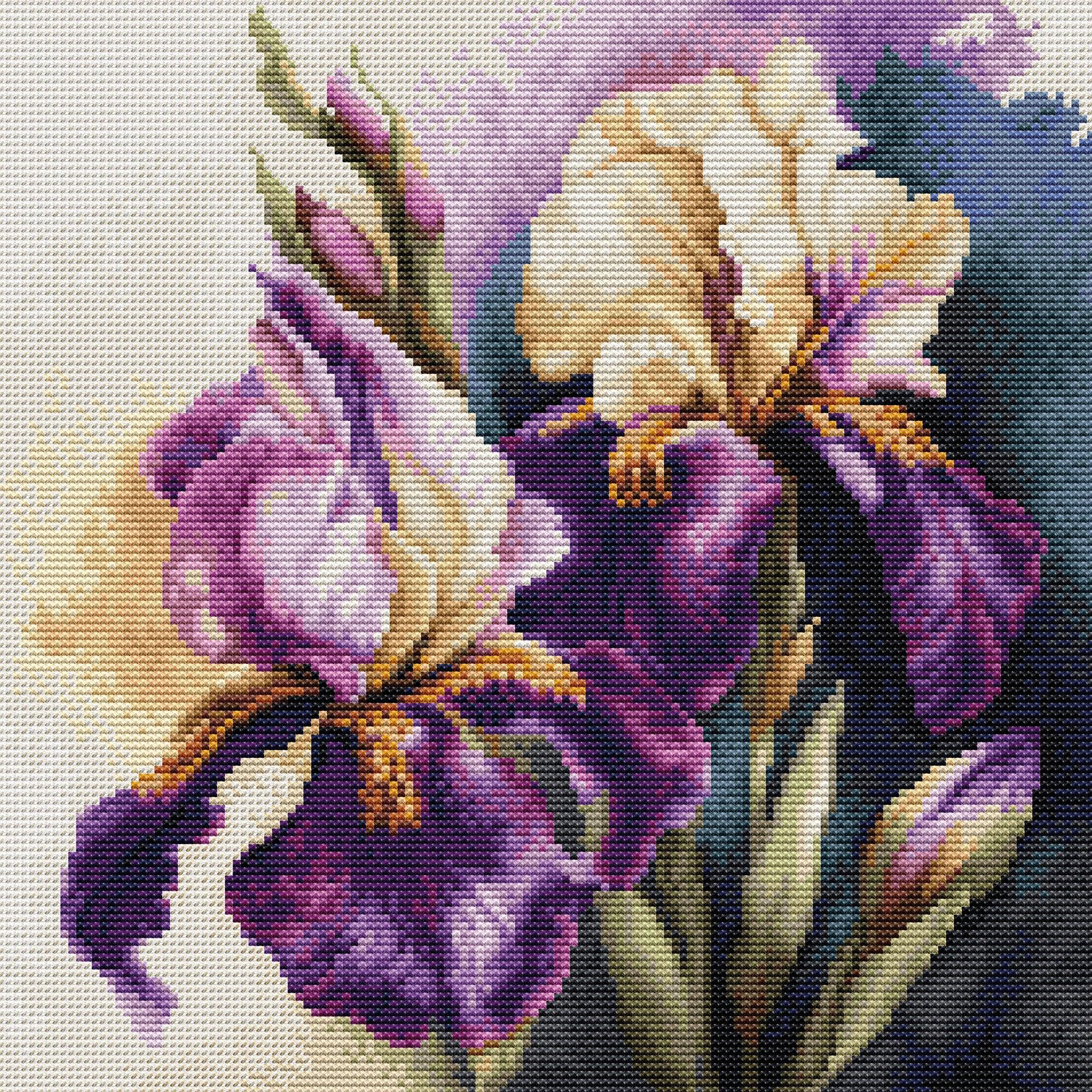 Cross-stitched flowers with purple and gold colors on a textured fabric background