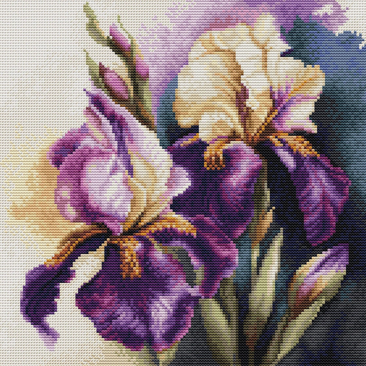 Cross-stitched flowers with purple and gold colors on a textured fabric background