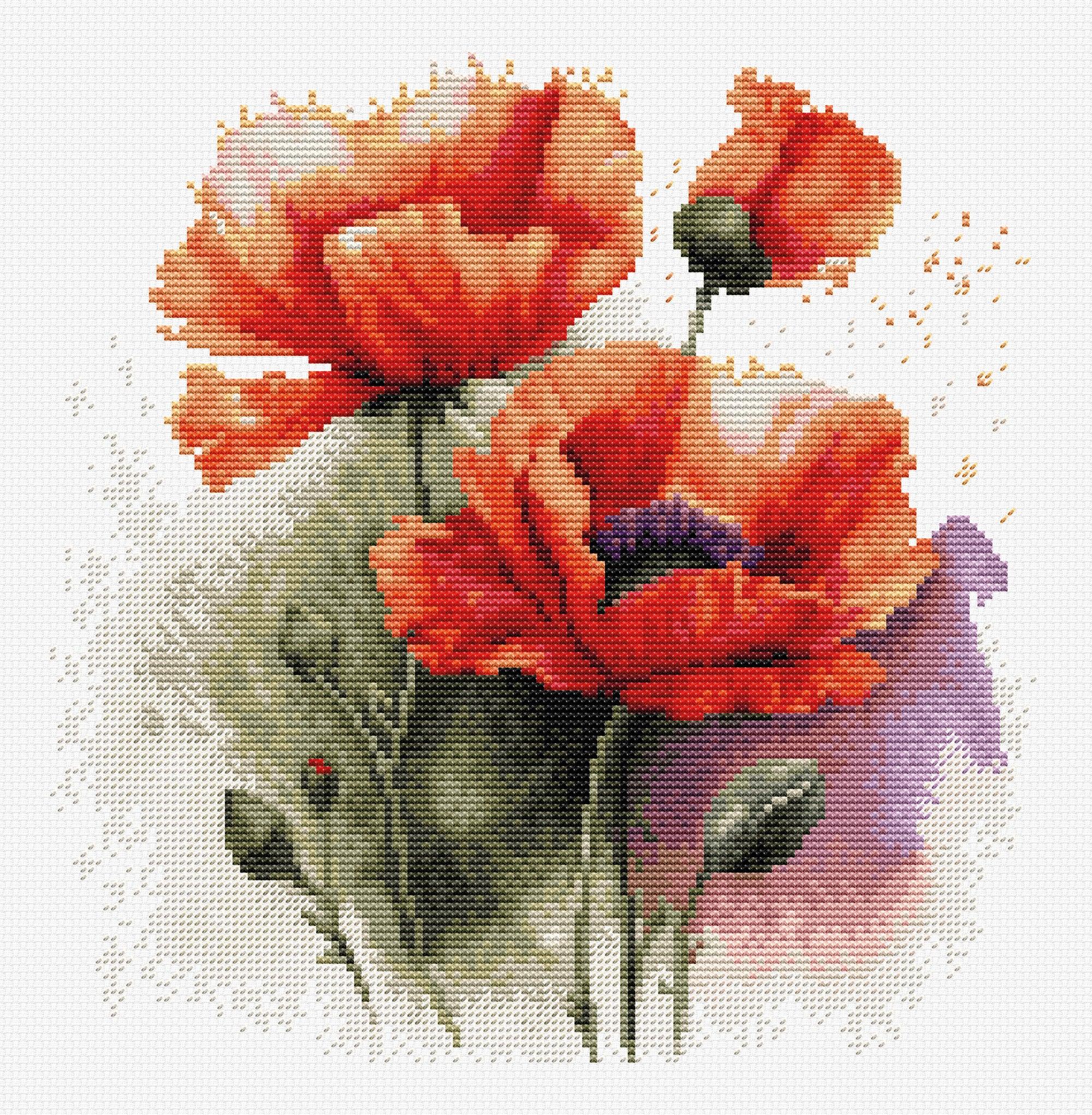 Cross-stitched design of red poppies with a textured background