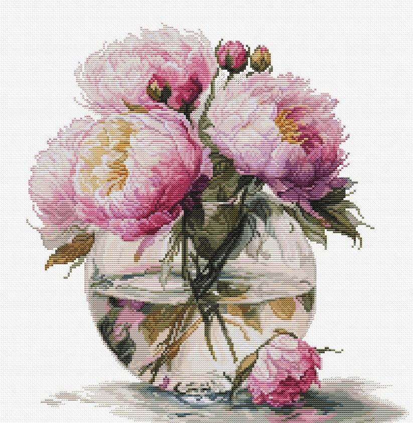 Cross-stitched design of pink flowers in a vase on a white background