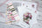 Color swatch card with fabric samples and a floral design on a white surface