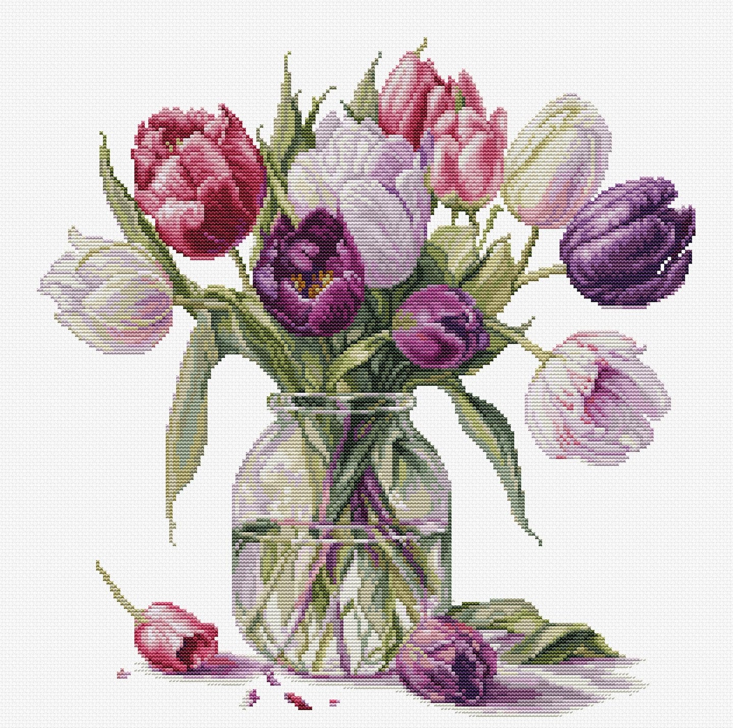 Cross-stitched pattern of tulips in a glass jar on a white background